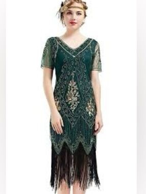 Great Gatsby Flapper Costume 1920s  Sequin Fringe Midi Dress New w/ Accessories